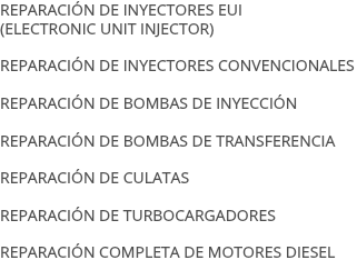 REPARACIÓN DE INYECTORES EUI (ELECTRONIC UNIT INJECTOR) REPARACIÓN DE INYECTORES CONVENCIONALES REPARACIÓN DE BOMBAS DE INYECCIÓN REPARACIÓN DE BOMBAS DE TRANSFERENCIA REPARACIÓN DE CULATAS REPARACIÓN DE TURBOCARGADORES REPARACIÓN COMPLETA DE MOTORES DIESEL 